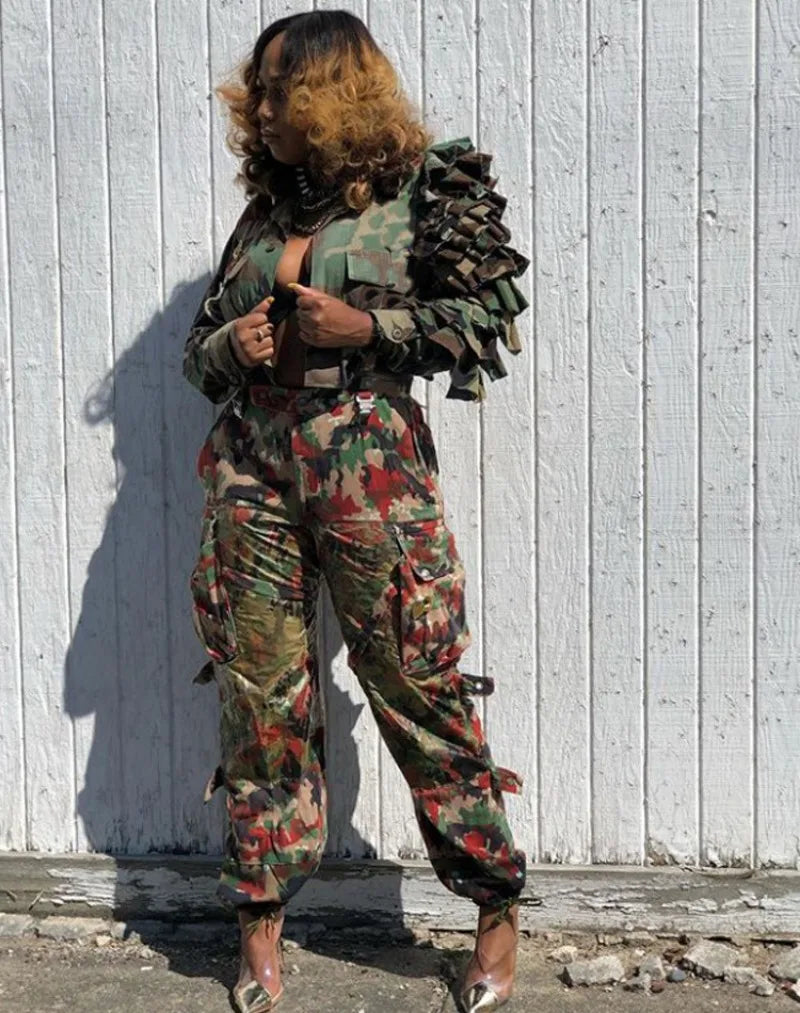 Cascading Ruffled Camouflage Crop Jacket for Women