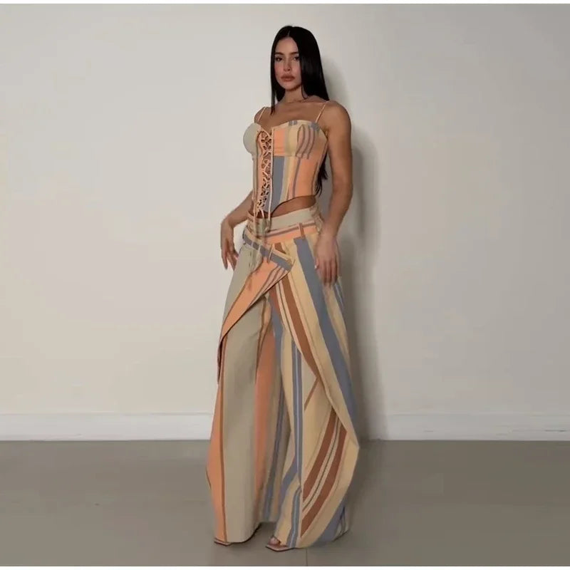Striped Patchwork Vest and Asymmetric Trousers Set for Women