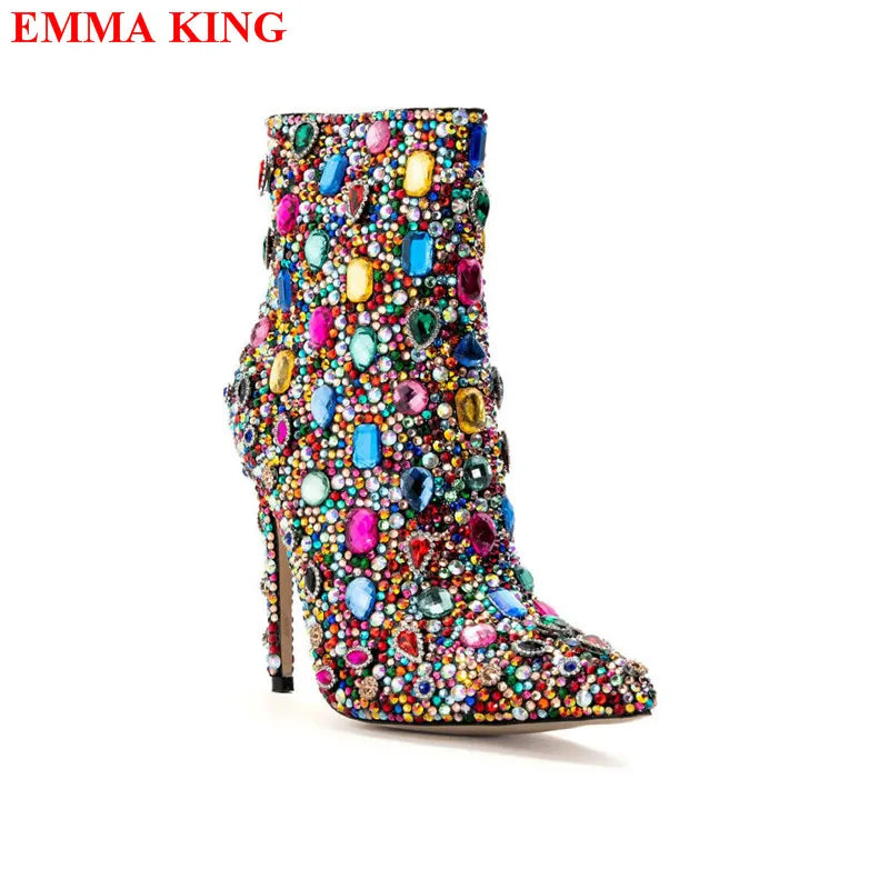 Multicolor Rhinestone Stiletto Ankle Boots For Women