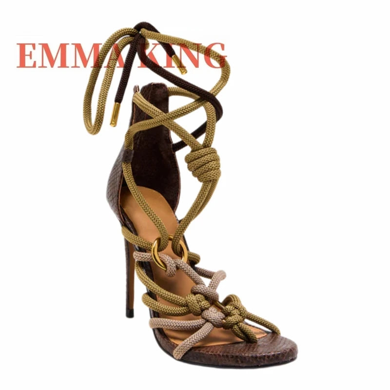 Open Toe Knotted Lace Up Braided Rope Wrap Stiletto Sandals for Women