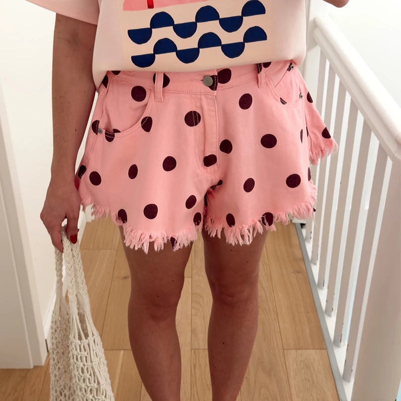 Frill Fringe Design Polka Dot Print Shorts for Women