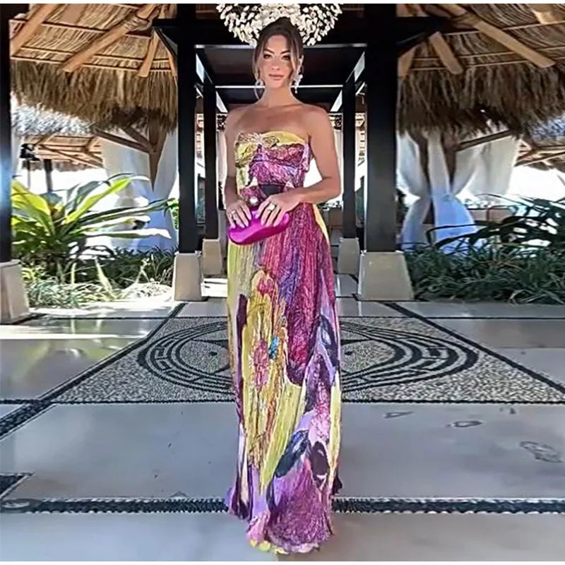 Elegant Floral Print Pleated Floor Length Dress For Women