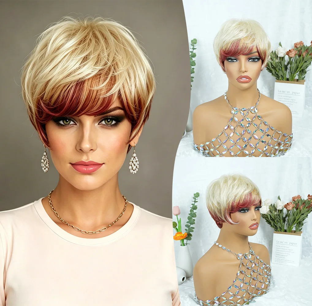 Ombre Blonde Burgundy Layered Human Hair Wig With Bangs for Women