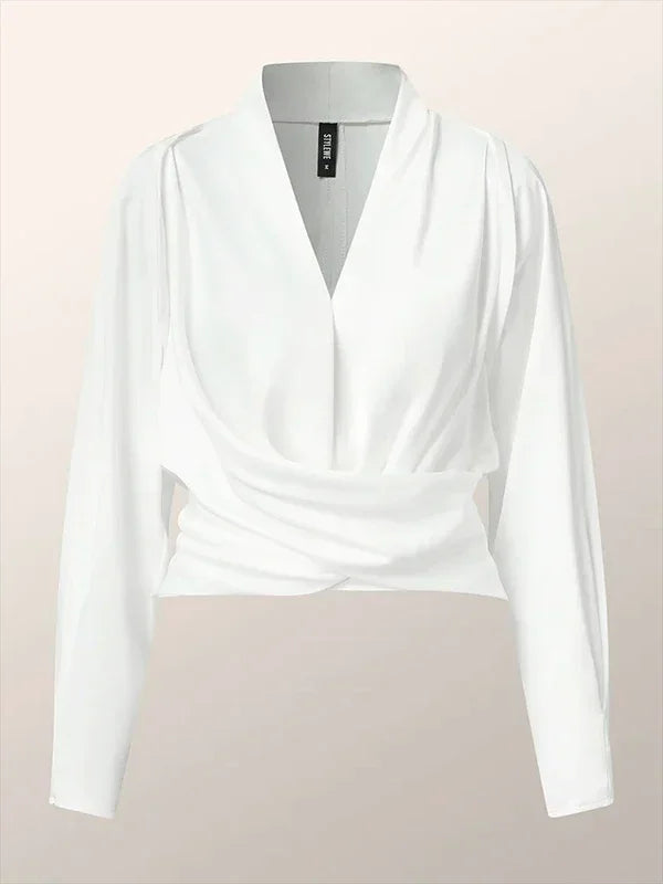 Women's Long Sleeves Solid Color Zipper V-neck Blouses Tops Urban Fashion Pleated Casual Office T-shirts