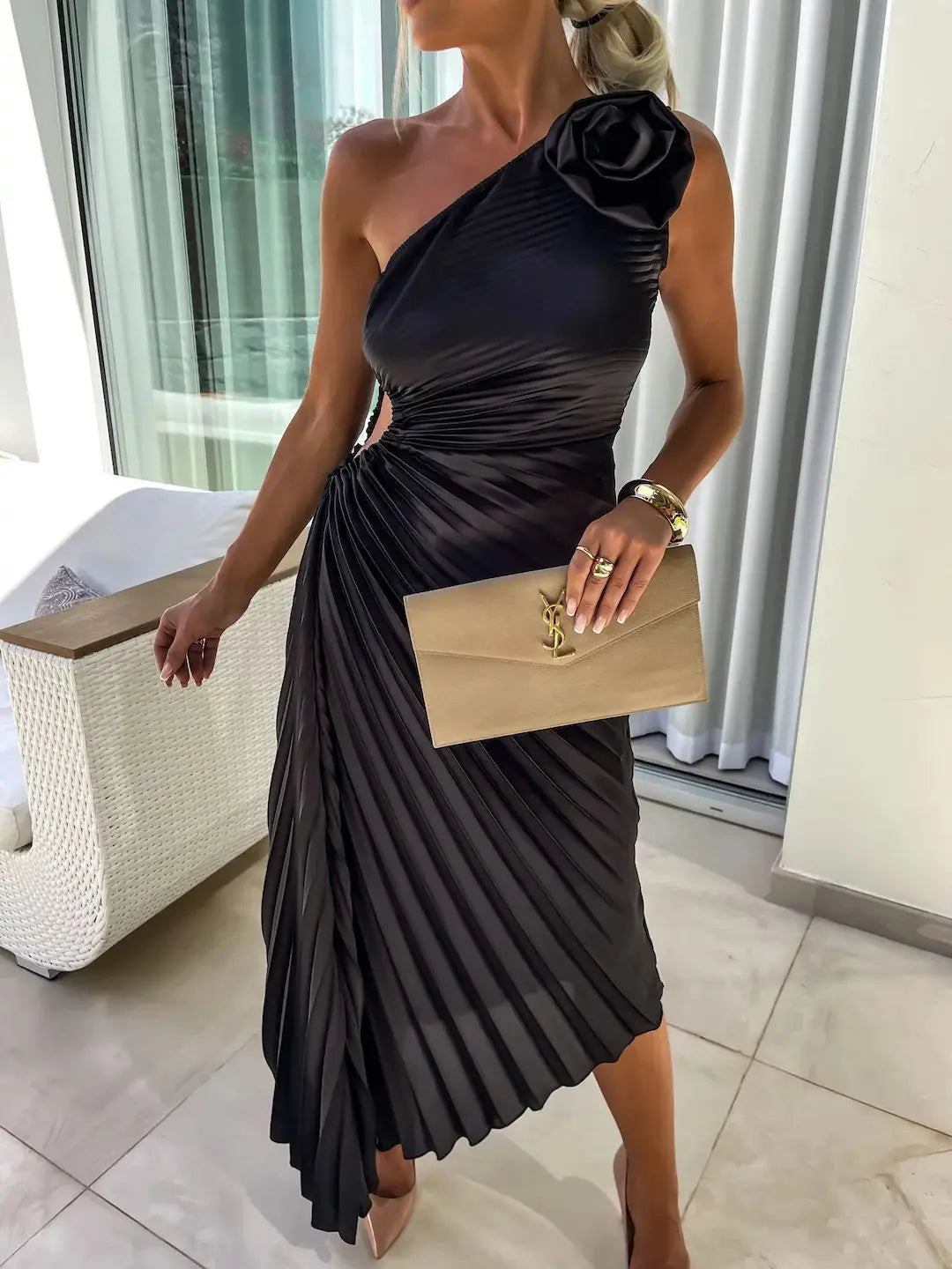 One Shoulder Flower Decor Pleated Elegant Dress for Women