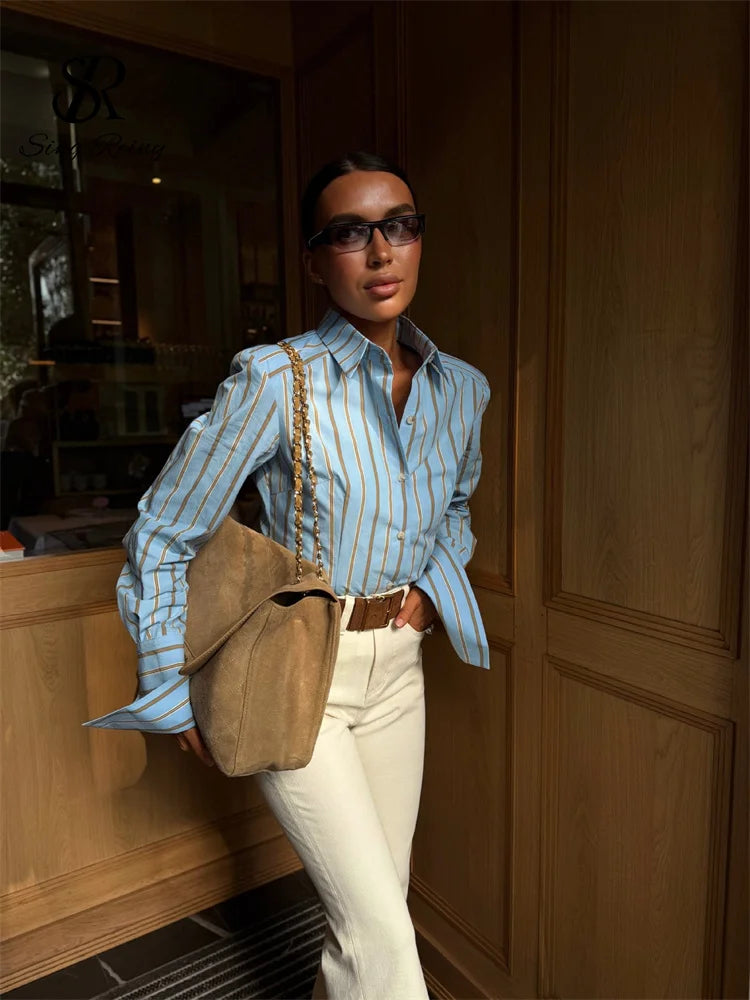French Retro Striped Button Up Long Sleeve Blouse for Women