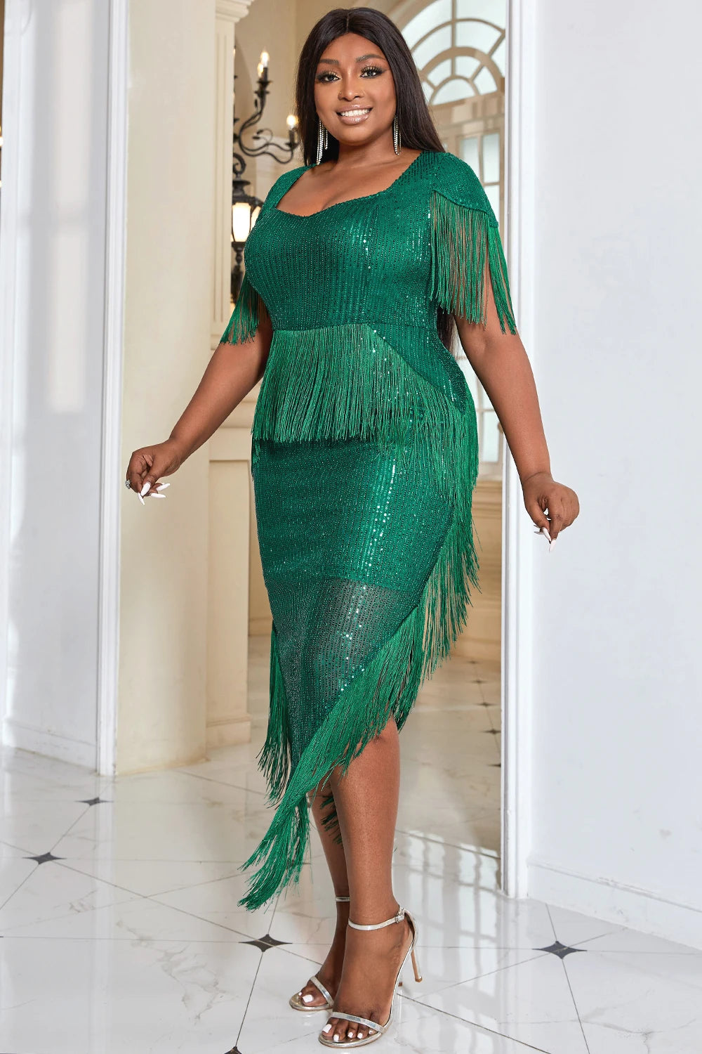 Plus Size Green Semi Formal Short Sleeve Sequin Fringe Asymmetrical Elegant Midi Dresses