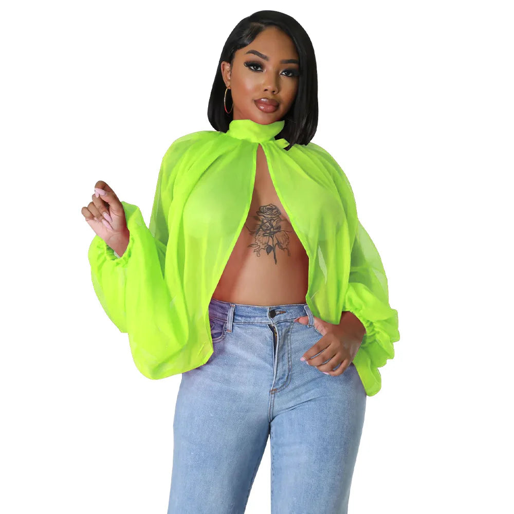 Sheer Lantern Sleeve Blouse with Tie Back for Women