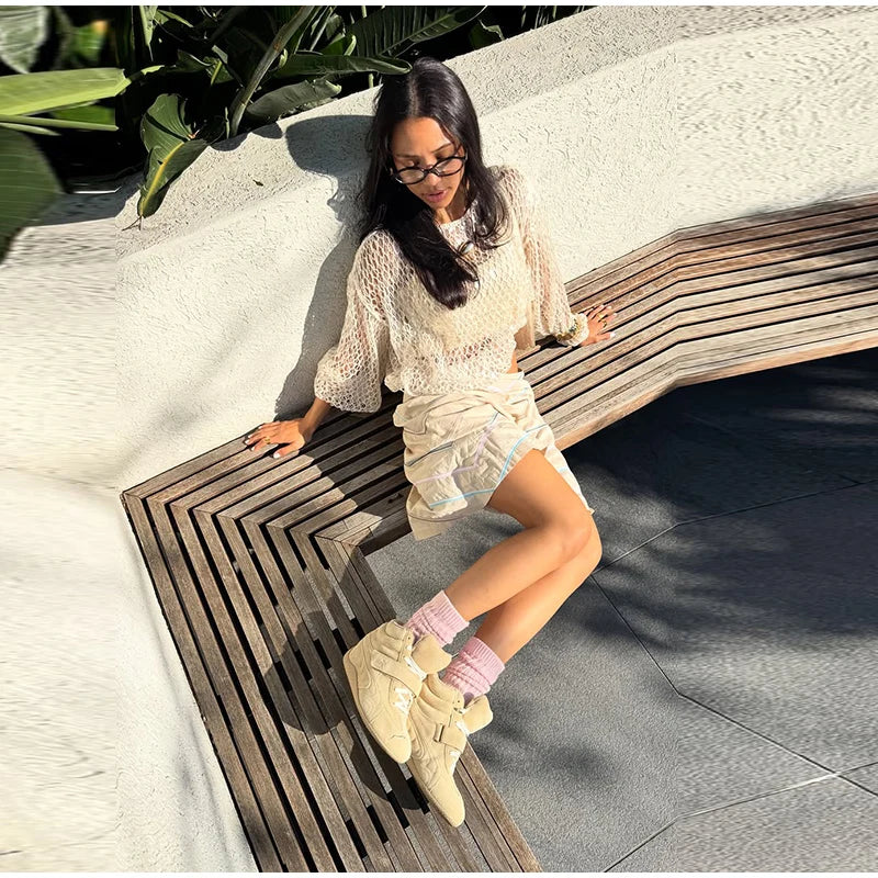 White Hollow Crochet Off Shoulder Long Sleeve Top For Women