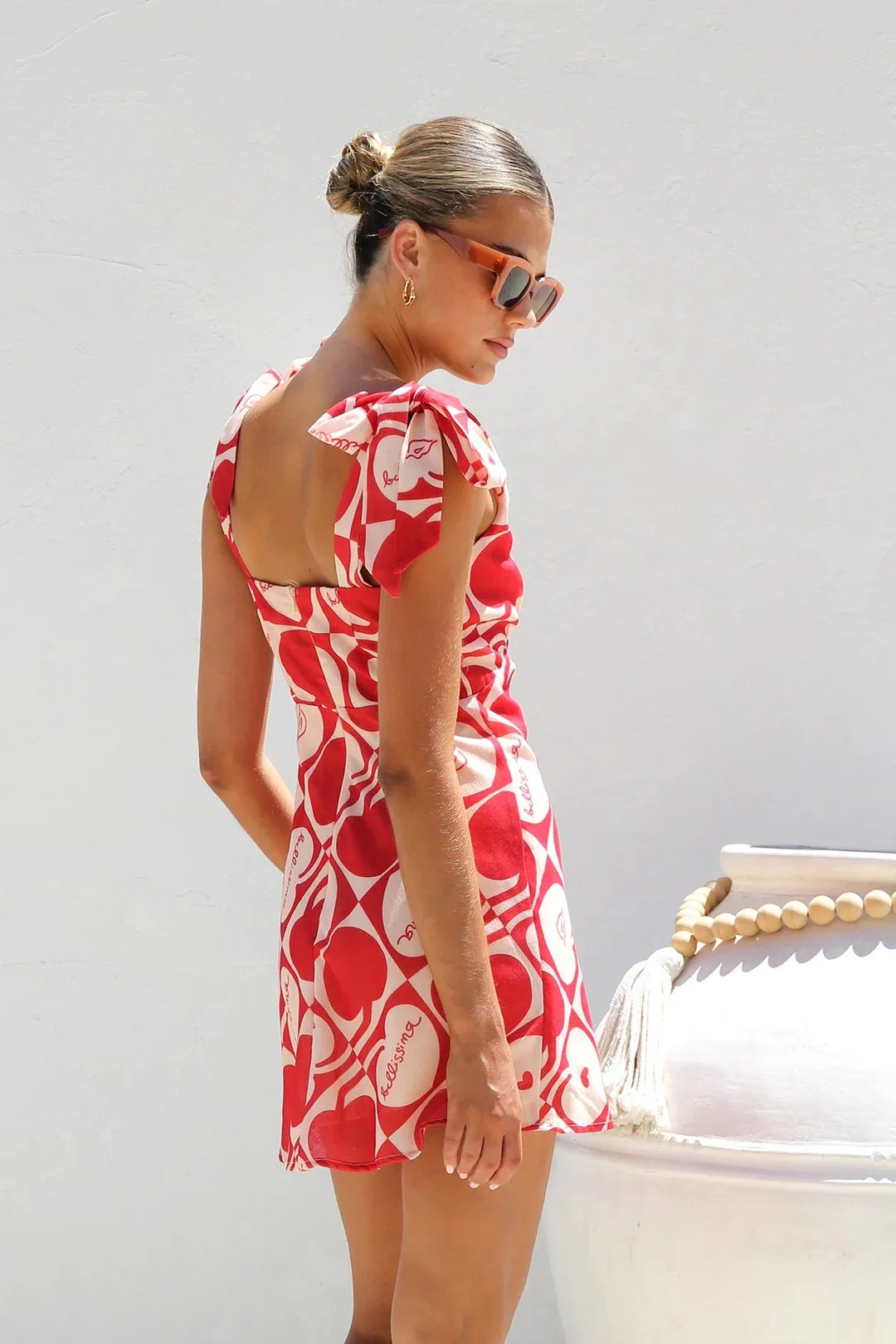 Print Sleeveless V-Neck Backless Bowknot Mini Dress for Women
