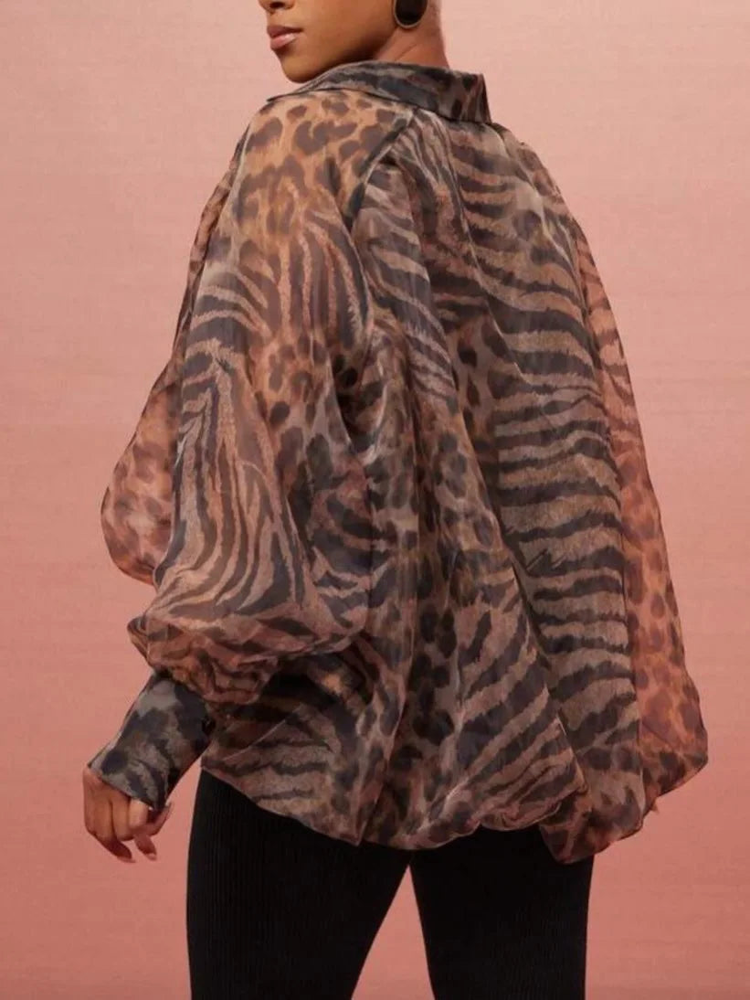 Leopard Print V Neck Batwing Sleeve Blouse for Women