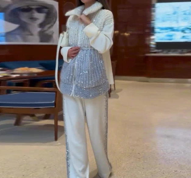 Women Elegant Pant Sets Two Piece Long Sleeve Sequins Splice Sweater Jacket Coat High Waist Side Sequin Trim Wide Leg Trousers