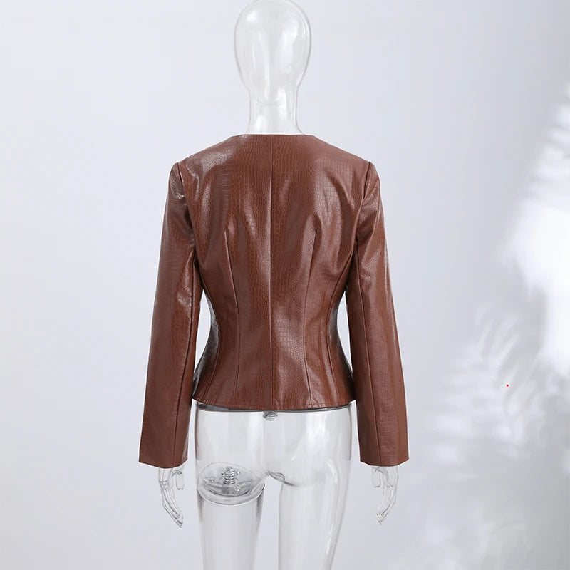 Slim Fit Single Breasted Faux Leather Jacket for Women