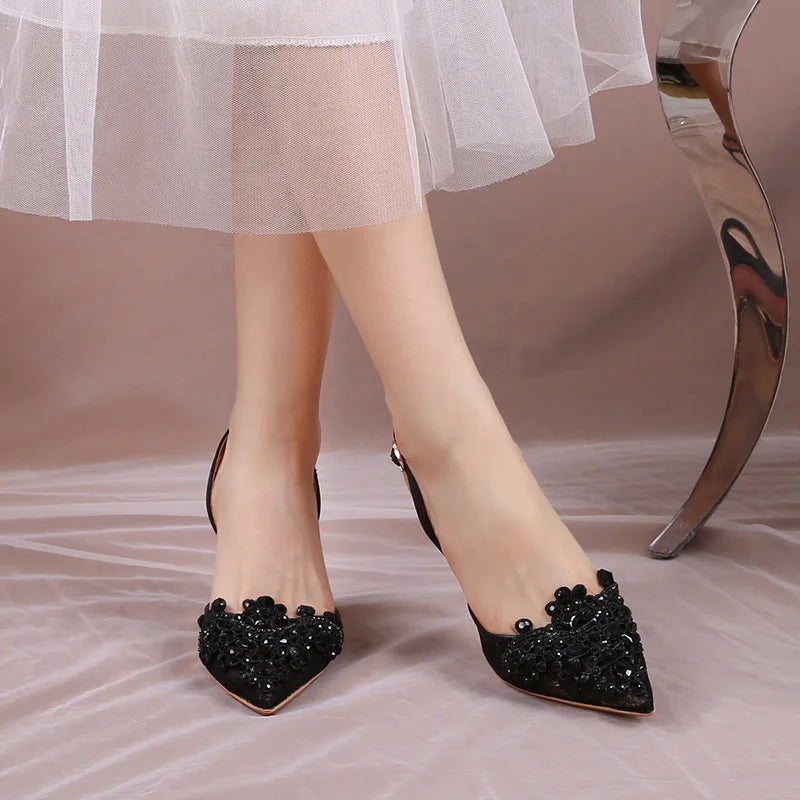Lace Pearl Beaded Pointed Toe Stiletto Heels for Women