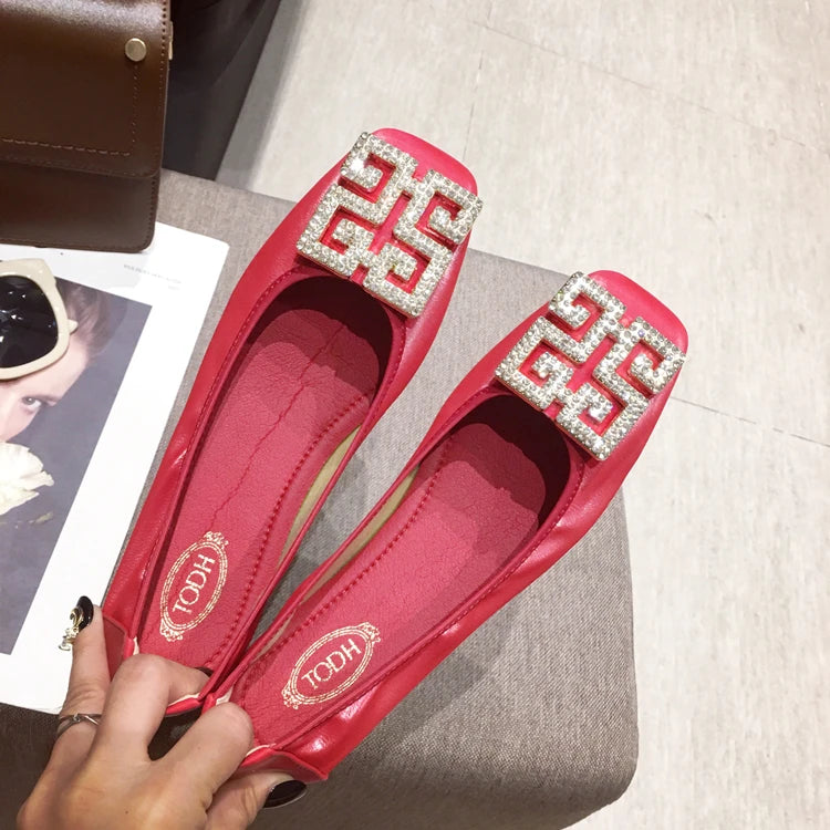 Rhinestone Buckle Square Toe Slip On Flats for Women
