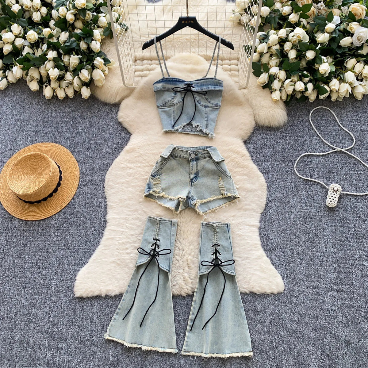 Edgy Summer Denim Three Piece Set With Shorts for Women