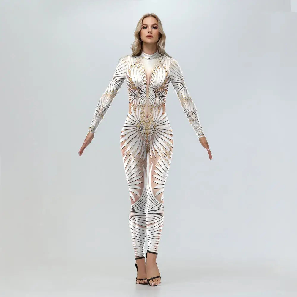 Elegant Skin Color Rhinestone Print Jumpsuit for Women