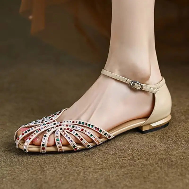 Apricot Leather Square Heel Sandals