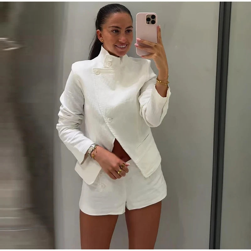 Casual Stand Collar Jacket and Shorts Set for Women
