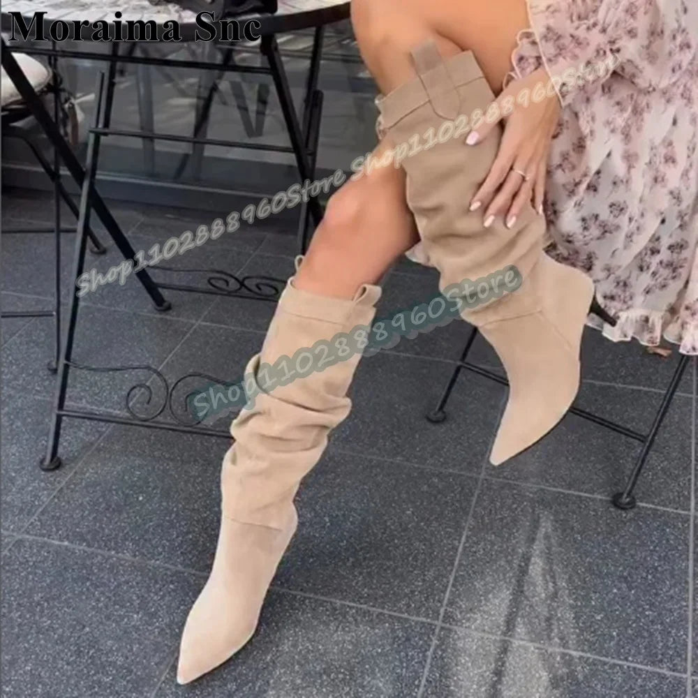 Plus Size Apricot Suede Pointed Toe Knee High Boots For Women