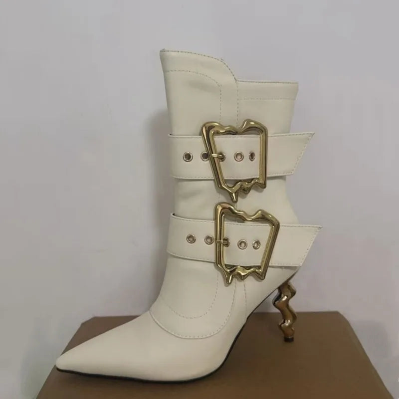 Shiny Metal Belt Buckle Side Zip Knee-High Boots for Women