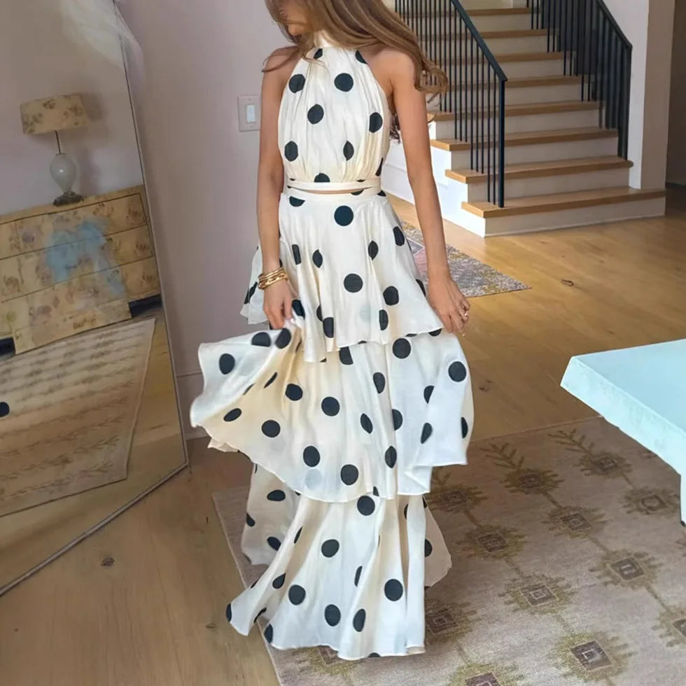 Polka Dot Sleeveless Pleated Two Piece Dress Set for Women