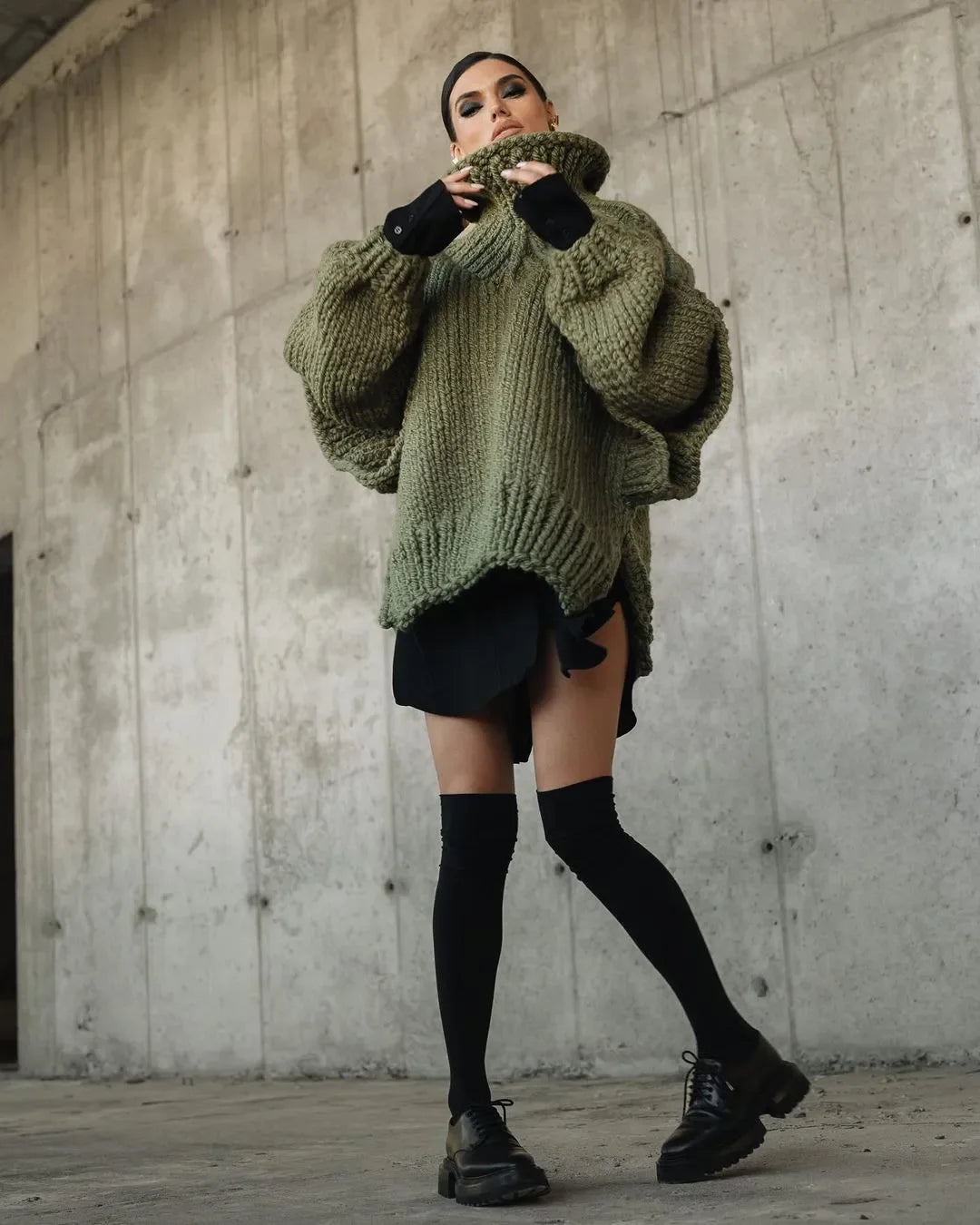Oversized Knit Turtleneck Sweater With Lantern Sleeves For Women
