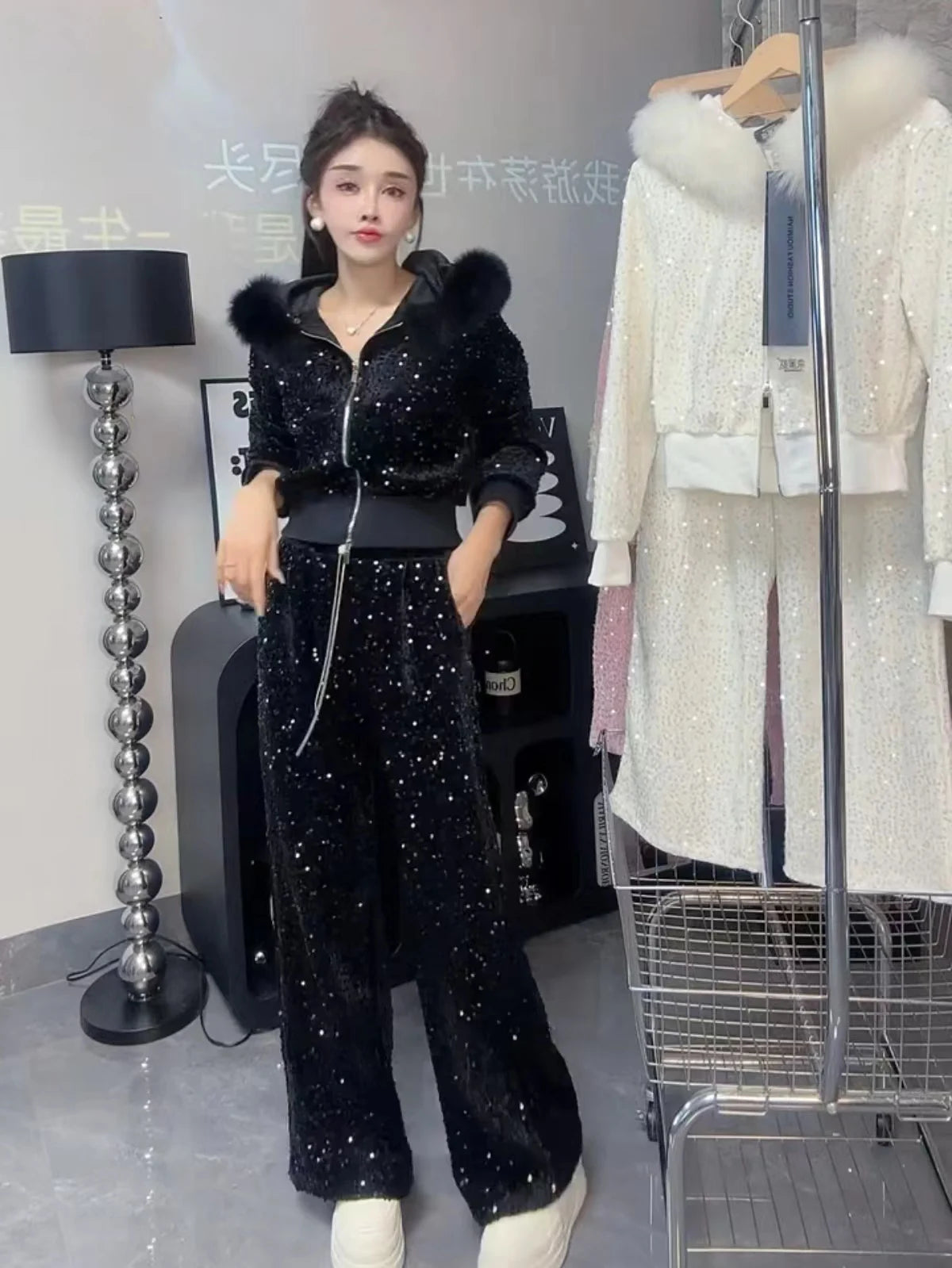Fashion Velvet Casual Suit Winter Clothes New Sweet Sequins Hooded Fur Collar Sweatshirt Wide Leg Pants Ladies Two-Piece Set