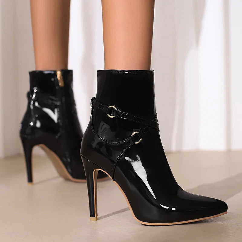 Glossy Patent Leather Pointed Toe Stiletto Ankle Boots for Women