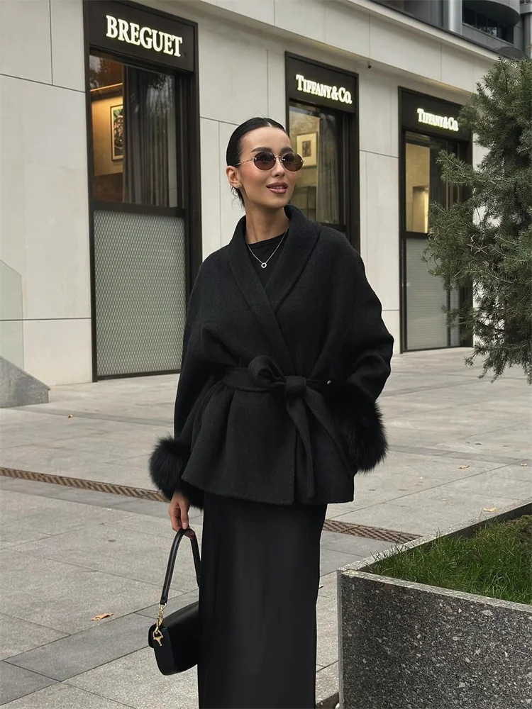 Plush Cuffs Belt Women 's Coats Elegant Lapel Faux Fur Sleeve Twist Open Coat Female 2025 Autumn Winter Fashion Lady Streetwears