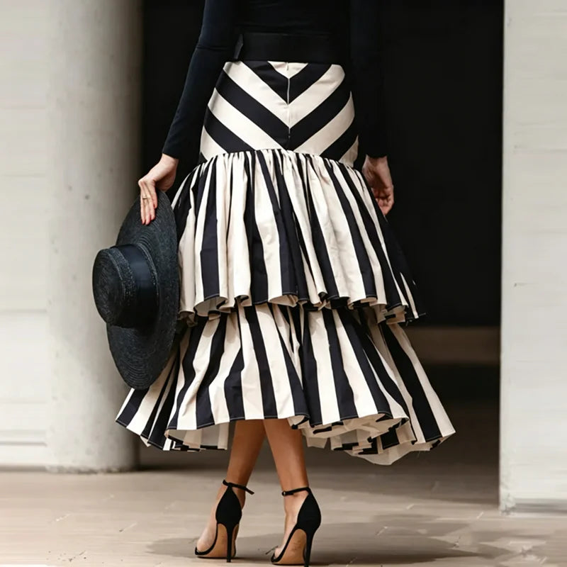 Striped High Waisted Asymmetric Tiered Maxi Skirt for Women