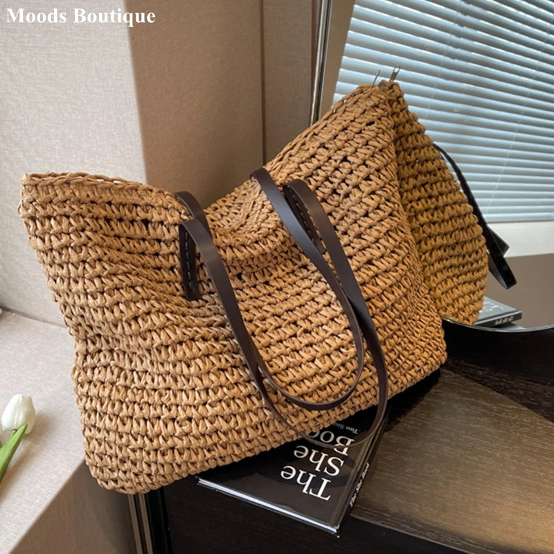 Large Capacity Straw Woven Shoulder Tote Bag for Women
