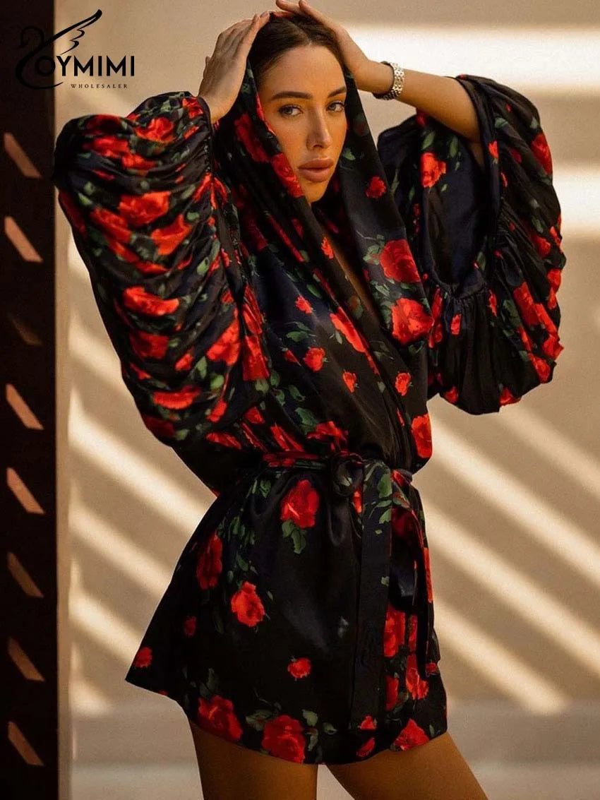 Oymimi Fashion Black Print Dresses 2025 Woman Elegant Deep V-Neck Lantern Sleeve Lace-Up Dresses Casual Loose Mini Dress Female