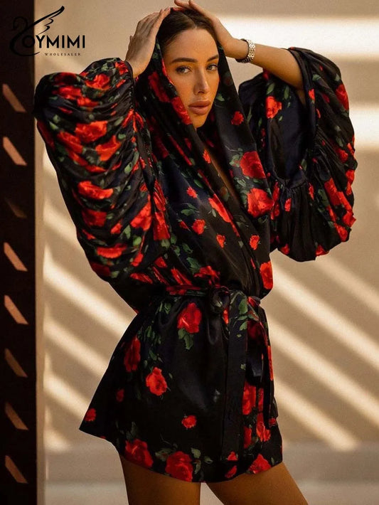 Oymimi Fashion Black Print Dresses 2025 Woman Elegant Deep V-Neck Lantern Sleeve Lace-Up Dresses Casual Loose Mini Dress Female