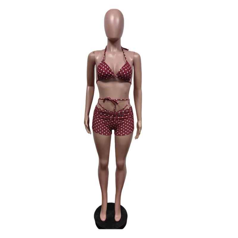 Polka Dot Lace Up Bikini Set with Briefs for Women