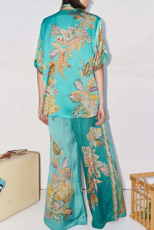 Womens Two Piece Suit Set With Long Sleeve Shirt And Wide Leg Trousers Retro Print Spring Summer Style