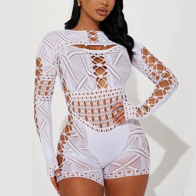 Hollow Out Patchwork Lace See Through Long Sleeve Jumpsuit for Women