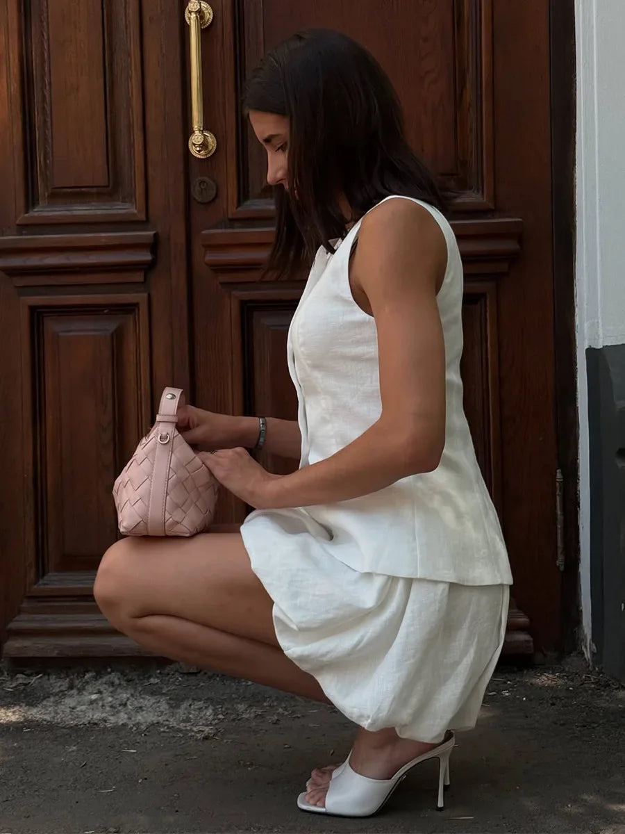 Casual Cotton Sleeveless Mini Skirt And Top Set for Women