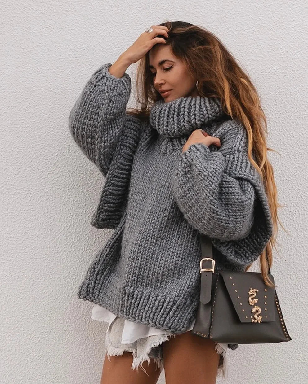 Oversized Knit Turtleneck Sweater With Lantern Sleeves For Women