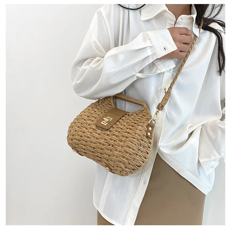 Trendy Handwoven Wicker Straw Shoulder Bag for Women