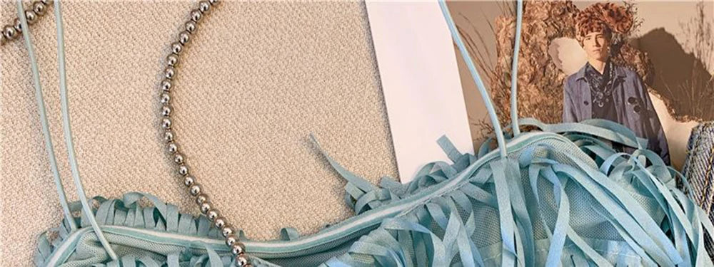 Chic Blue Fringe Tassel Halter Summer Top for Women