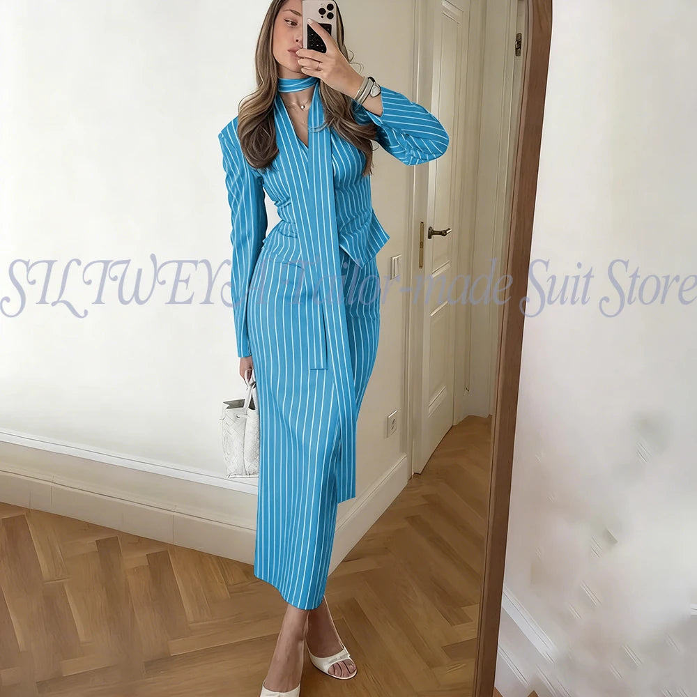 Single Breasted Blue Striped Blazer Skirt Set for Women
