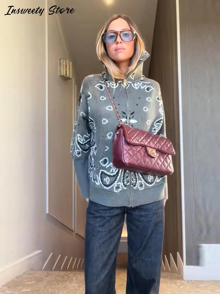 Vintage Printed Knit Stand Collar Zip Cardigan for Women