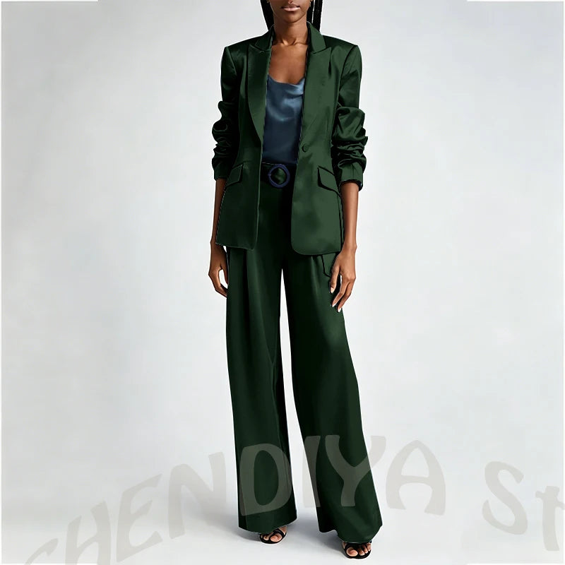 Women's Two Pieces Set Satin Peaked Lapel Elegant Fashion Single Button Straight Professional Tailor-Made Jacket with Pants