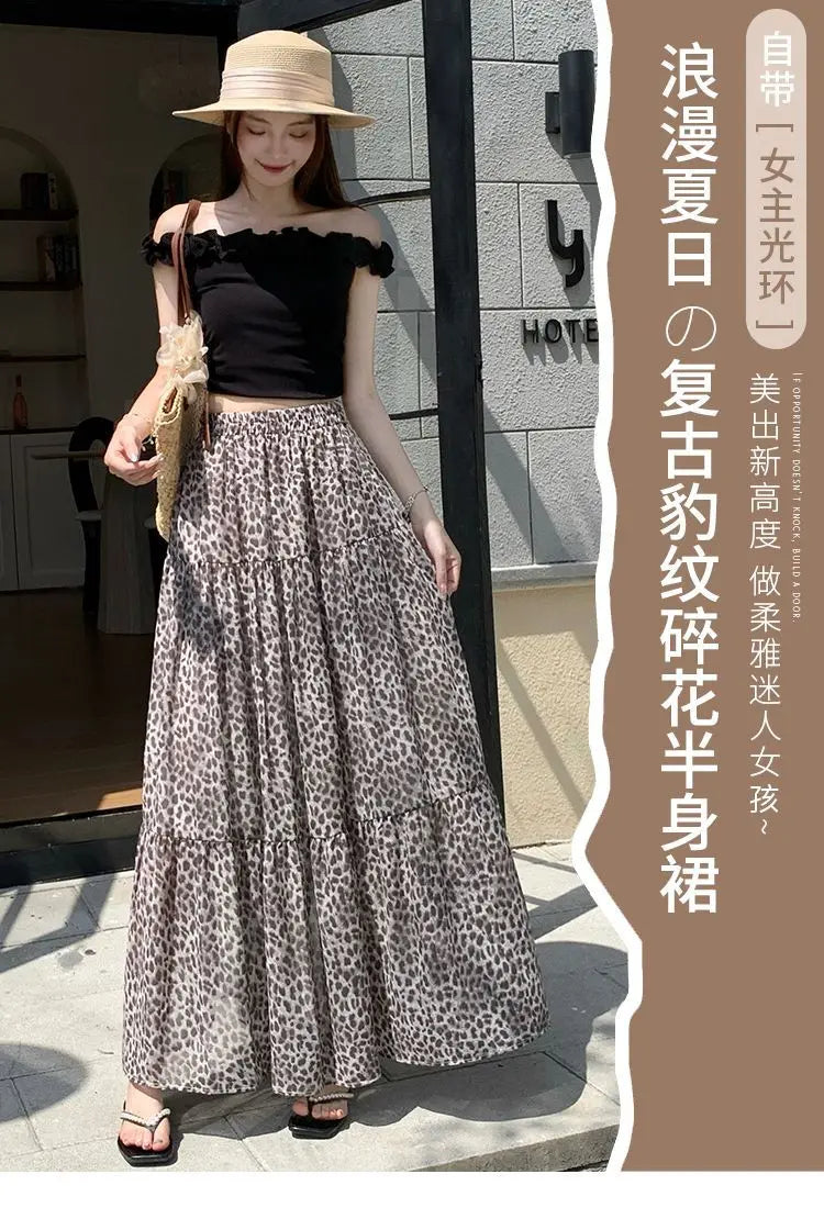 Vintage Leopard Print Tiered Maxi Skirt For Women