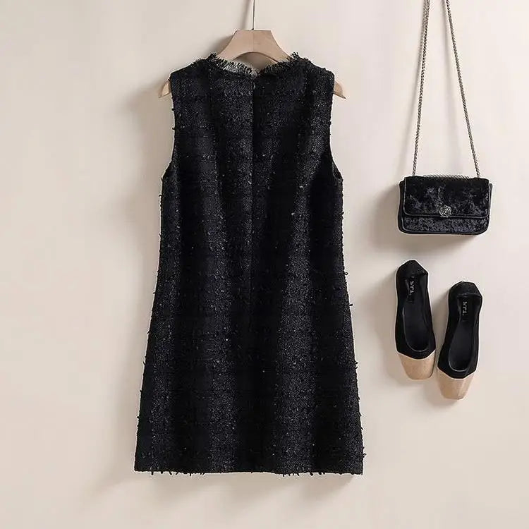 Elegant Tweed Beaded Pocket A-Line Dress for Women