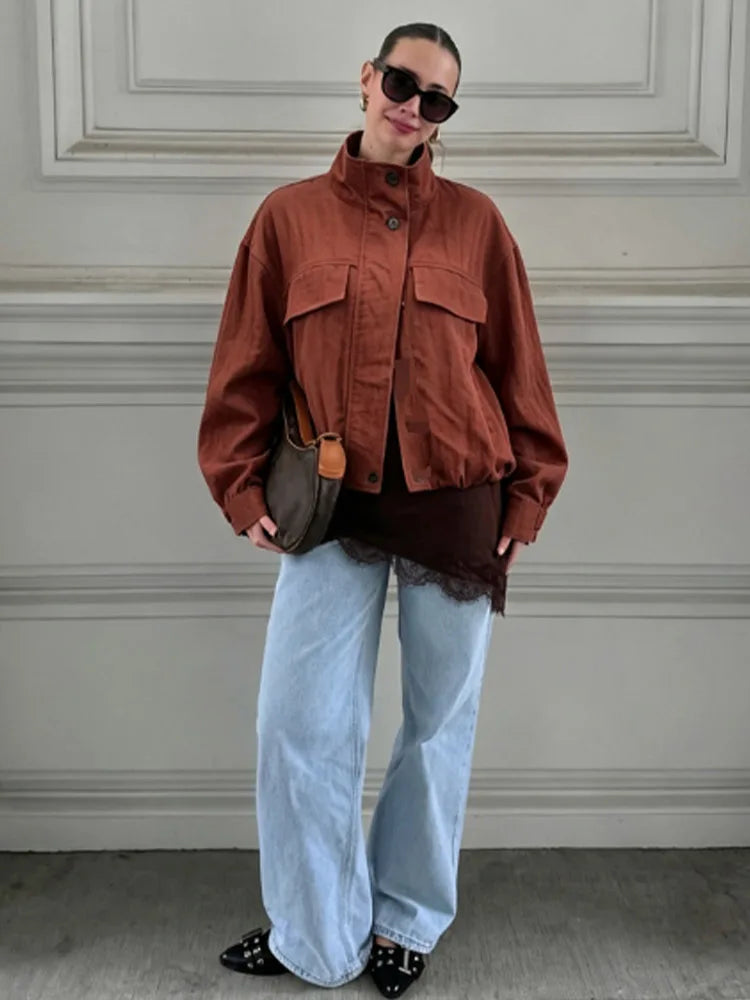 Casual Solid Loose Jacket Stand Collar With Big Pockets for Women