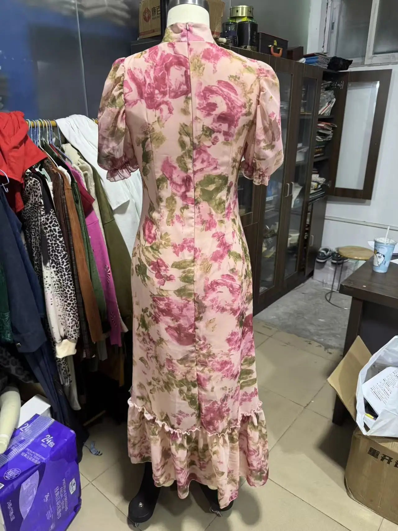 Vintage Chiffon Maxi Dress With Stand Collar Short Sleeve for Women