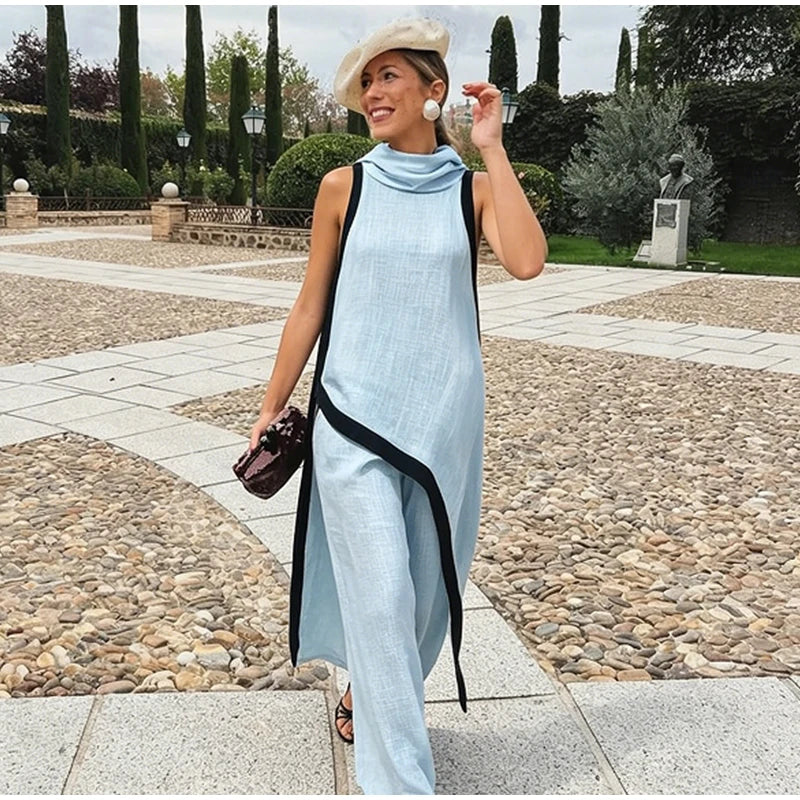 Casual Solid Blouse and Wide Leg Trousers for Women