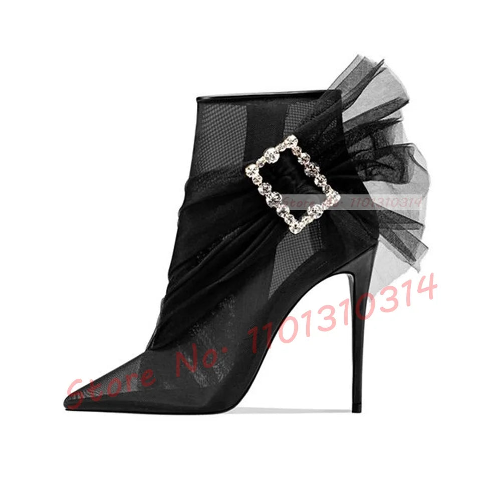 See Through Mesh Crystal Buckle Ankle Booties for Women